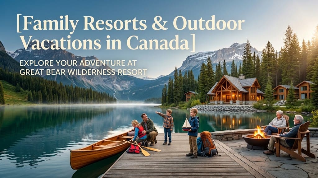 A family on a wooden dock beside a canoe, with timber cabins and a mountain lake behind them