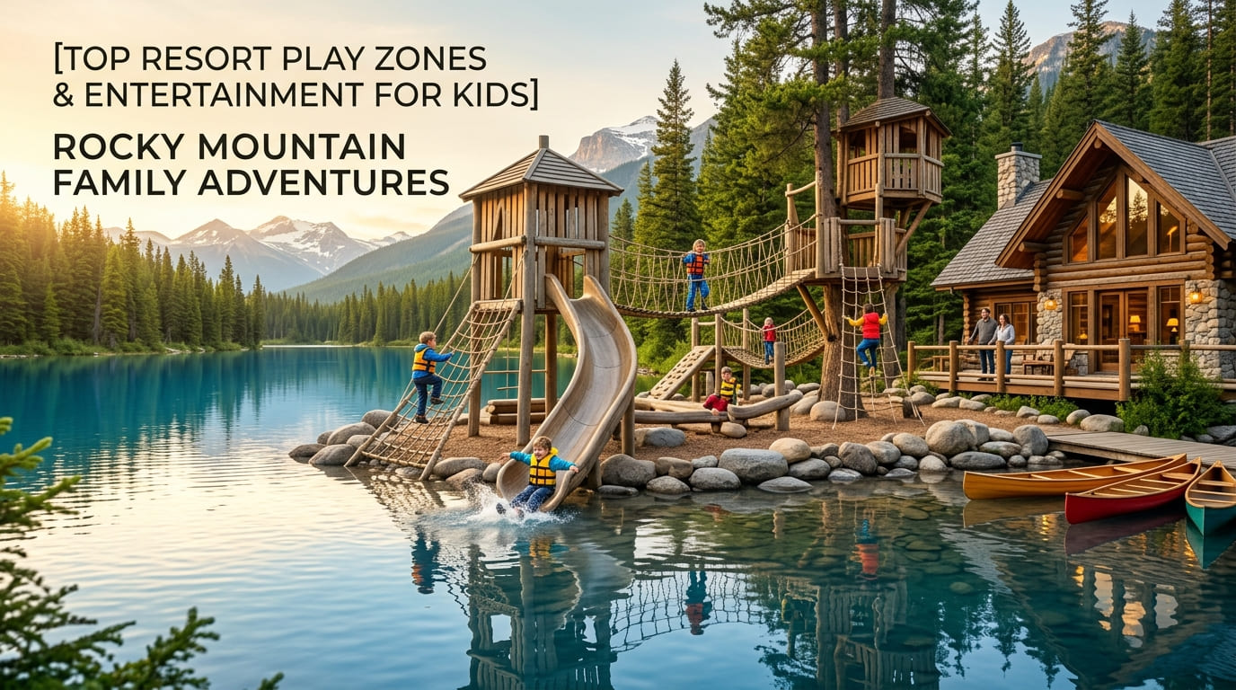 Children in life jackets climbing a rope fort and sliding toward a lake, with canoes beside a timber lodge