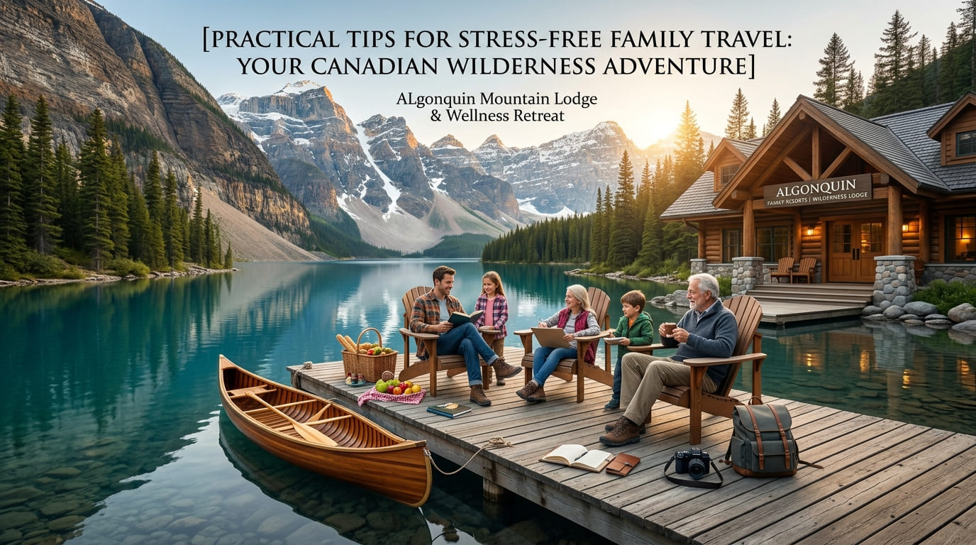 A family in Adirondack chairs on a dock with a picnic basket and a canoe, mountains across the lake