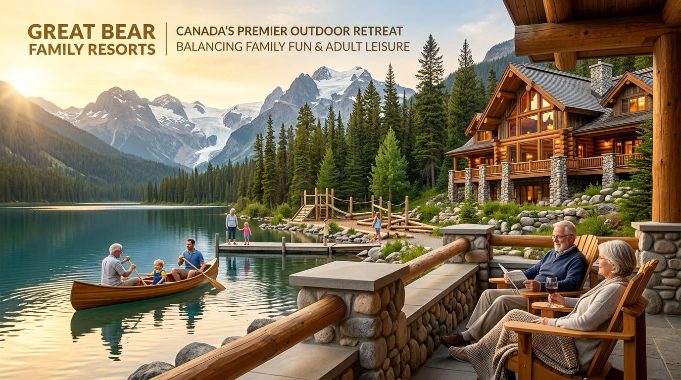 Two adults reading on a stone porch while a family paddles a canoe and children play on a dock